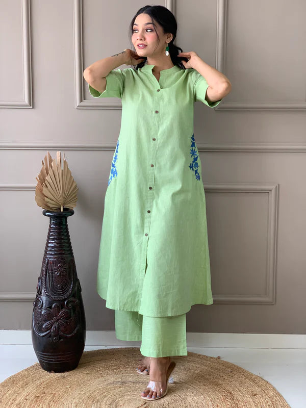 Pastel Green Embroidered Cotton Kurta and Palazzo Set
