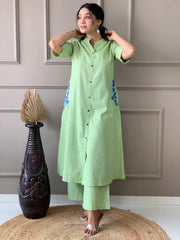 Pastel Green Embroidered Cotton Kurta and Palazzo Set