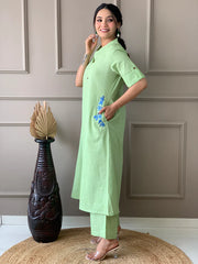 Pastel Green Embroidered Cotton Kurta and Palazzo Set