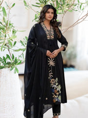 Black Embroidered Ram Boota Kurta and Pant Set with Dupatta