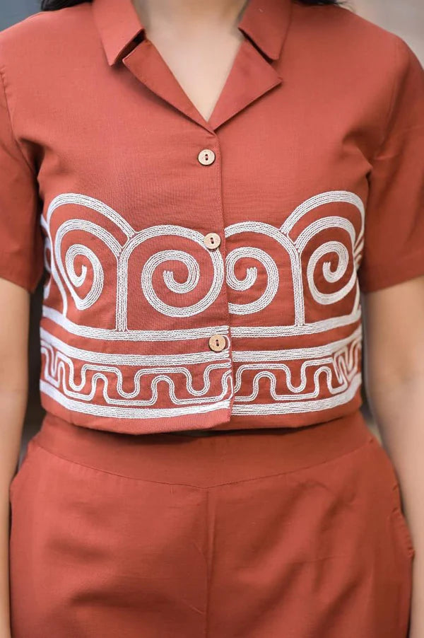 Rust Orange Embroidered Cotton Co-Ord Set