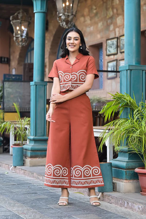 Rust Orange Embroidered Cotton Co-Ord Set