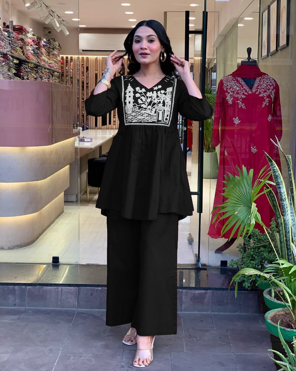 Black Embroidered Cotton Kurta and Pant Set