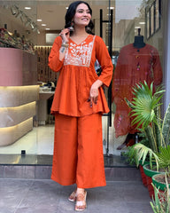 Reddish Orange Embroidered Cotton Slub Kurta and Pant Set