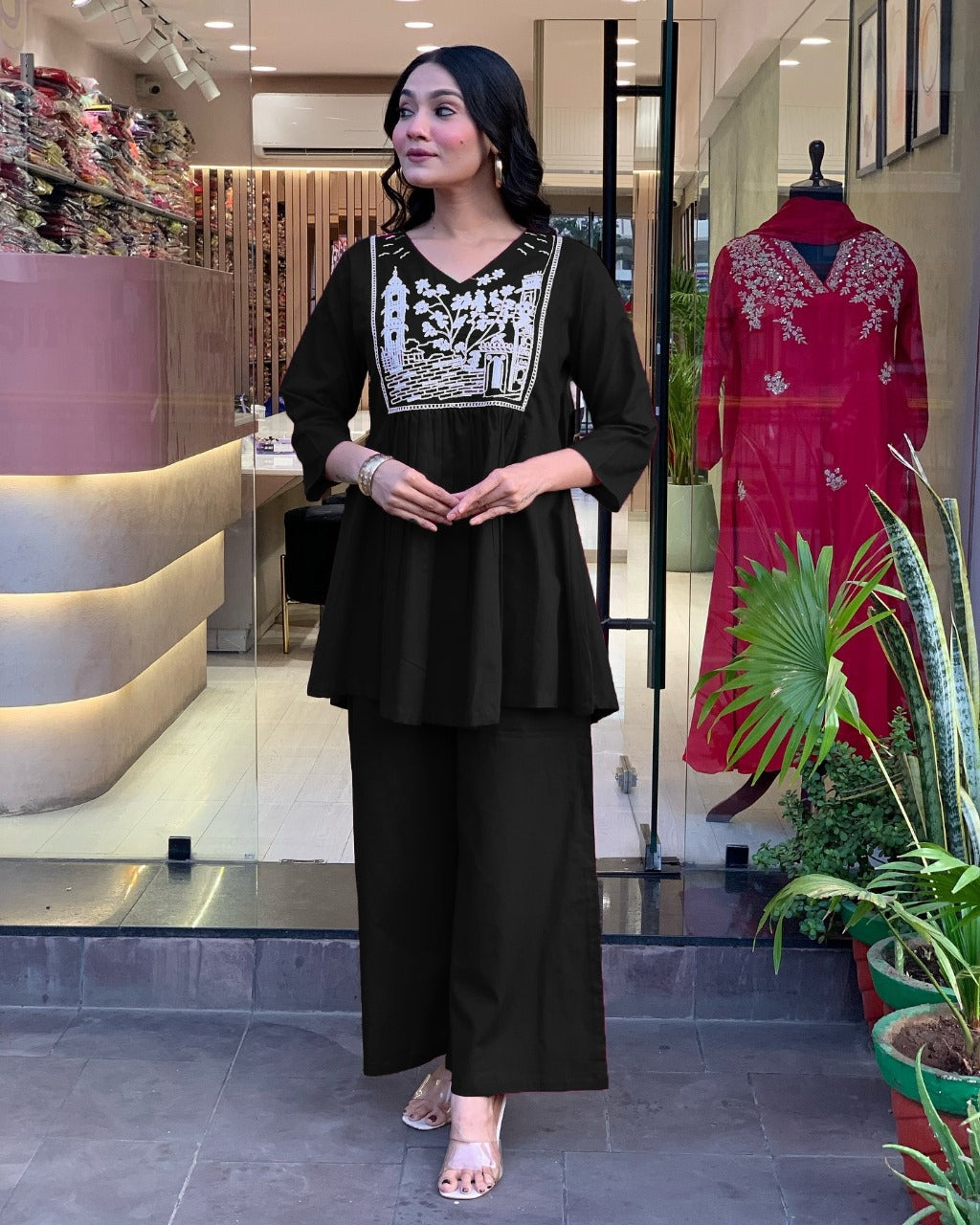 Black Embroidered Cotton Kurta and Pant Set