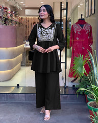 Black Embroidered Cotton Kurta and Pant Set