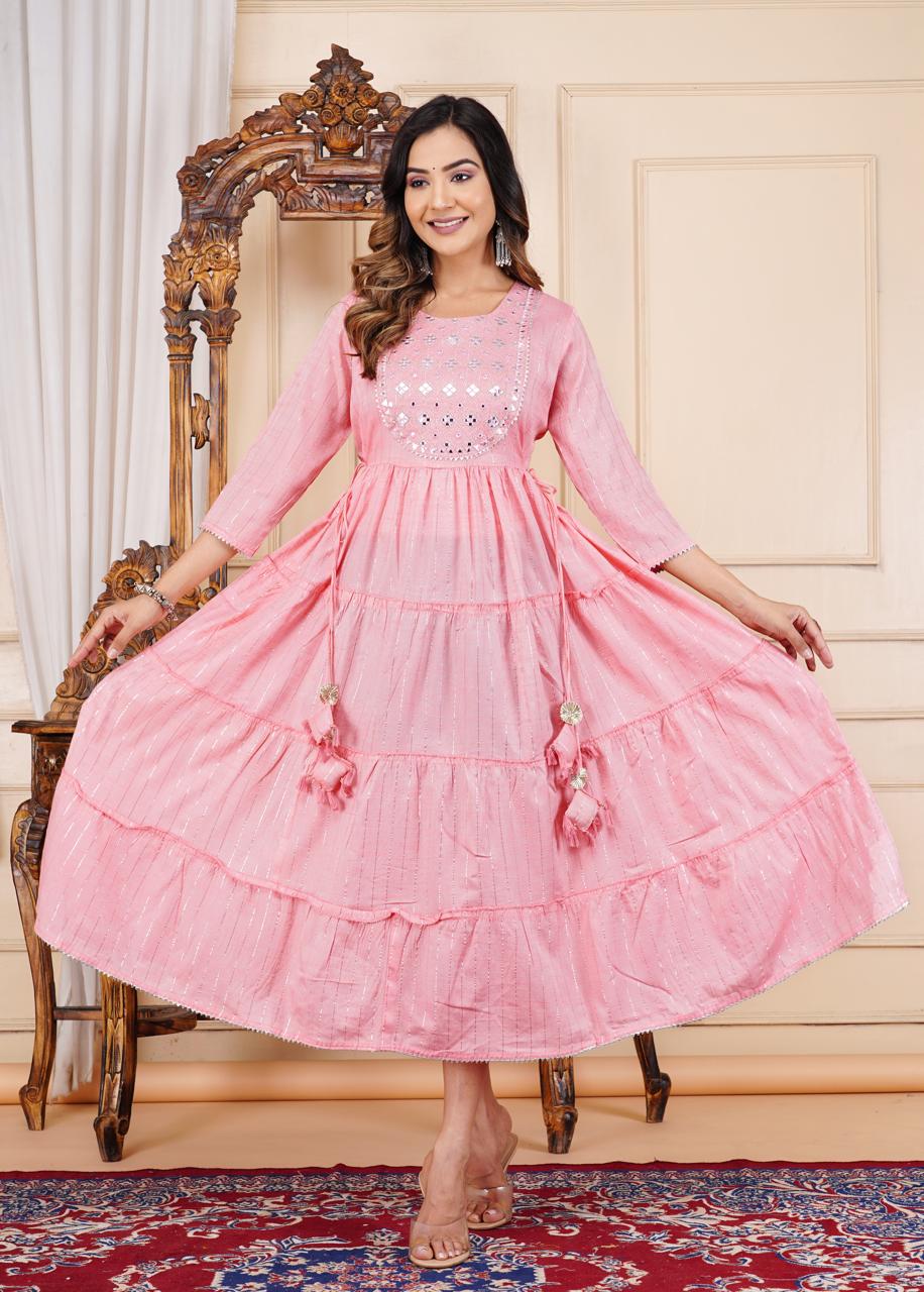 Stylish Pink Embroidered Cotton Lurex Anarkali Gown