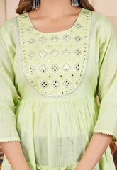 Stylish Green Embroidered Cotton Lurex Anarkali Gown