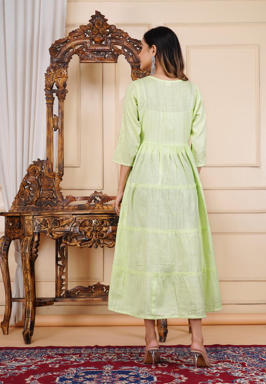 Stylish Green Embroidered Cotton Lurex Anarkali Gown