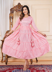 Stylish Pink Embroidered Cotton Lurex Anarkali Gown