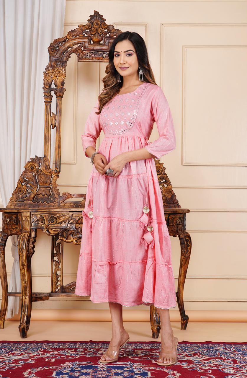 Stylish Pink Embroidered Cotton Lurex Anarkali Gown