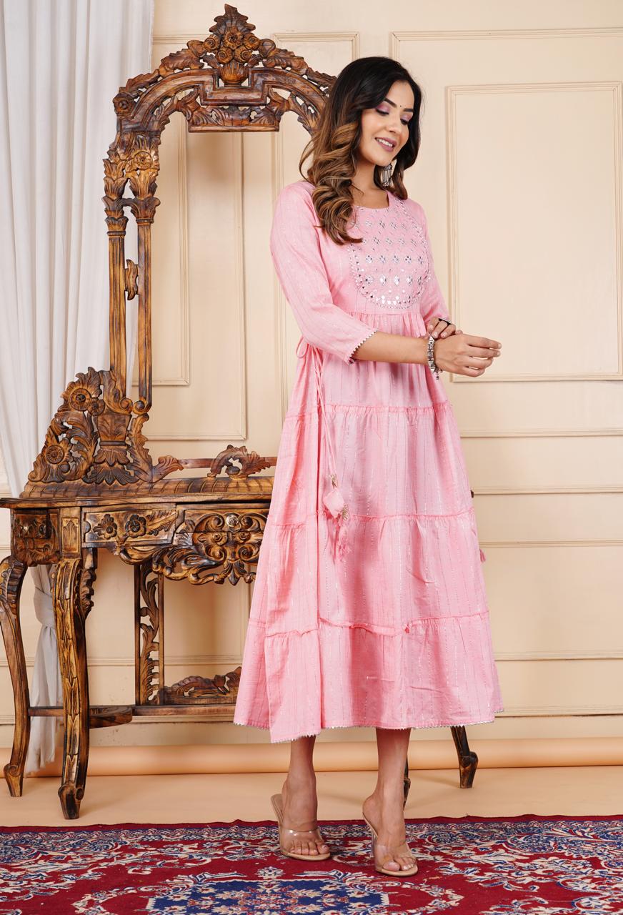 Stylish Pink Embroidered Cotton Lurex Anarkali Gown