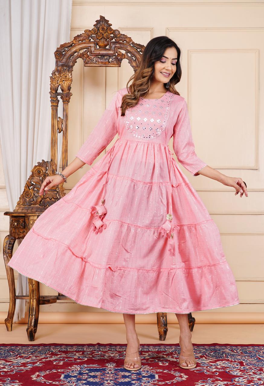 Stylish Pink Embroidered Cotton Lurex Anarkali Gown