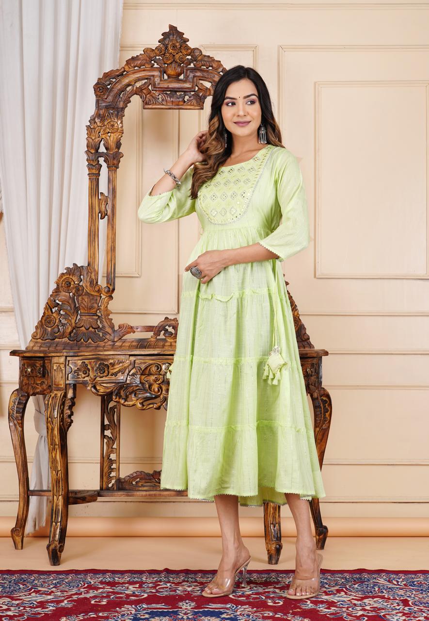 Stylish Green Embroidered Cotton Lurex Anarkali Gown