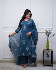 Blue Embroidery Cotton Floral Print Kurta, Pant and Dupatta Set