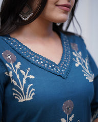 Blue Embroidery Cotton Floral Print Kurta, Pant and Dupatta Set