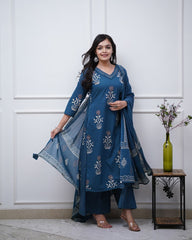 Blue Embroidery Cotton Floral Print Kurta, Pant and Dupatta Set