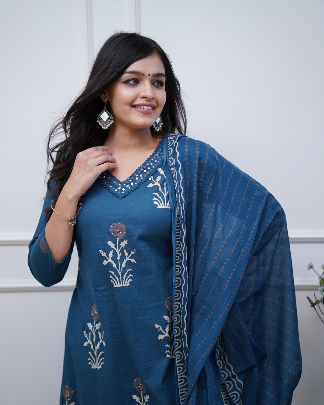 Blue Embroidery Cotton Floral Print Kurta, Pant and Dupatta Set