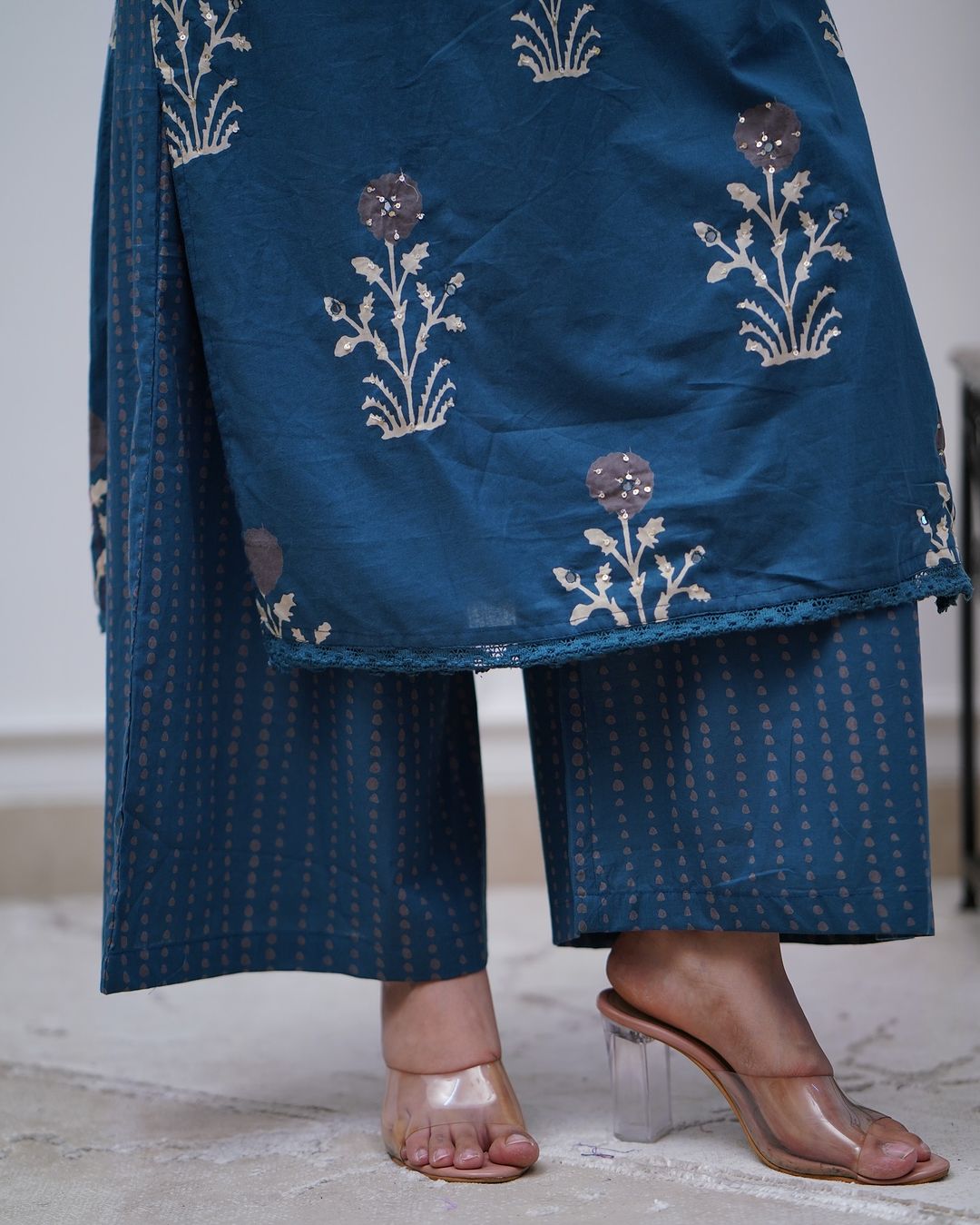 Blue Embroidery Cotton Floral Print Kurta, Pant and Dupatta Set