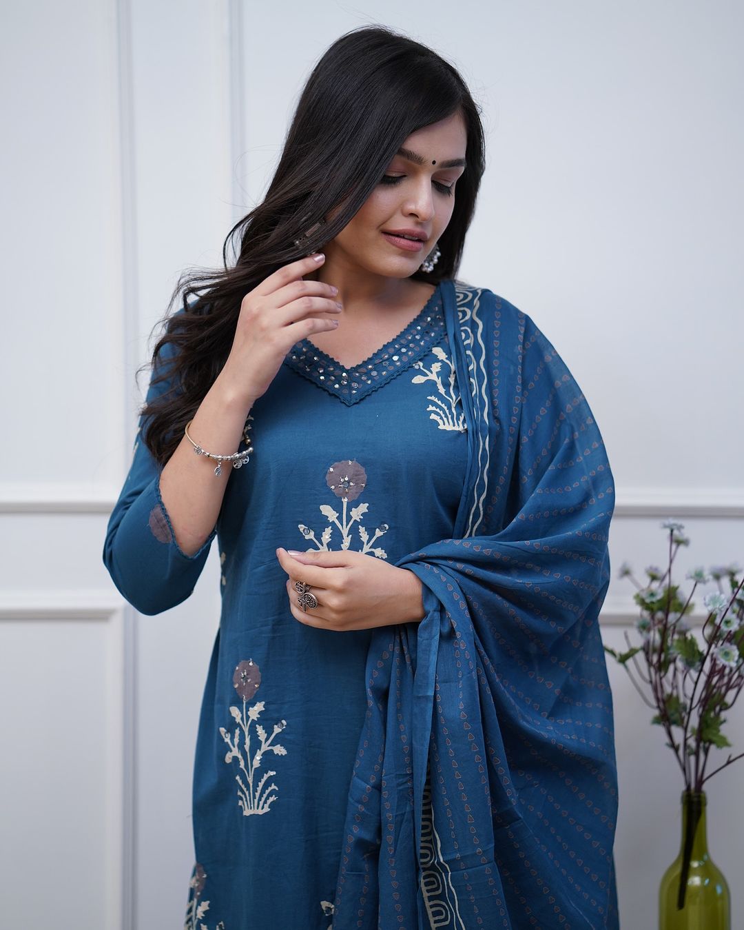 Blue Embroidery Cotton Floral Print Kurta, Pant and Dupatta Set