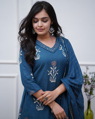 Blue Embroidery Cotton Floral Print Kurta, Pant and Dupatta Set