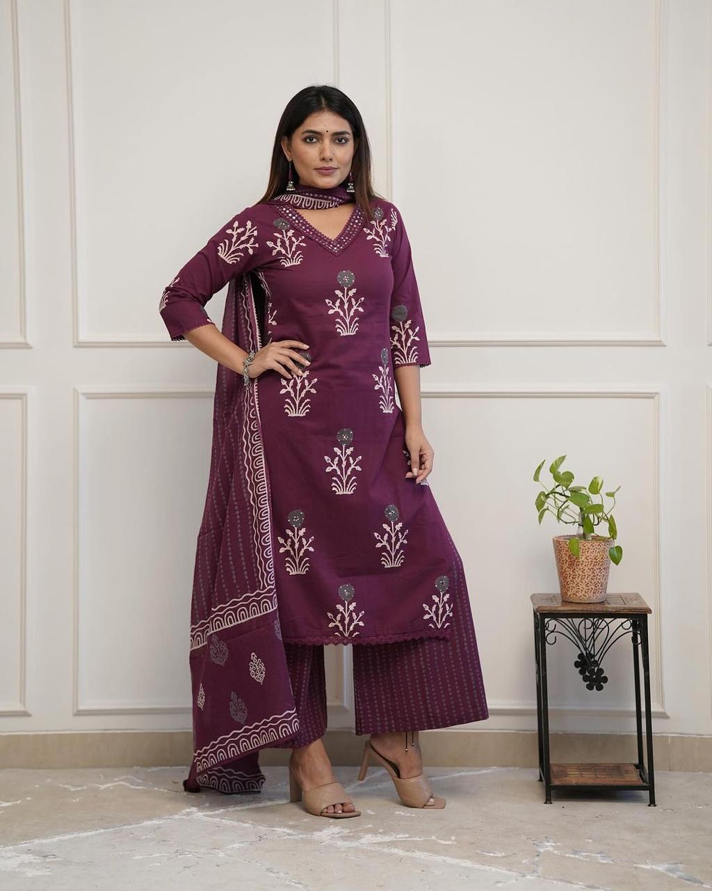 Maroon Embroidery Cotton Floral Print Kurta, Pant and Dupatta Set