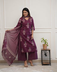 Maroon Embroidery Cotton Floral Print Kurta, Pant and Dupatta Set