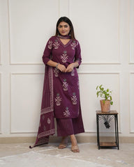 Maroon Embroidery Cotton Floral Print Kurta, Pant and Dupatta Set