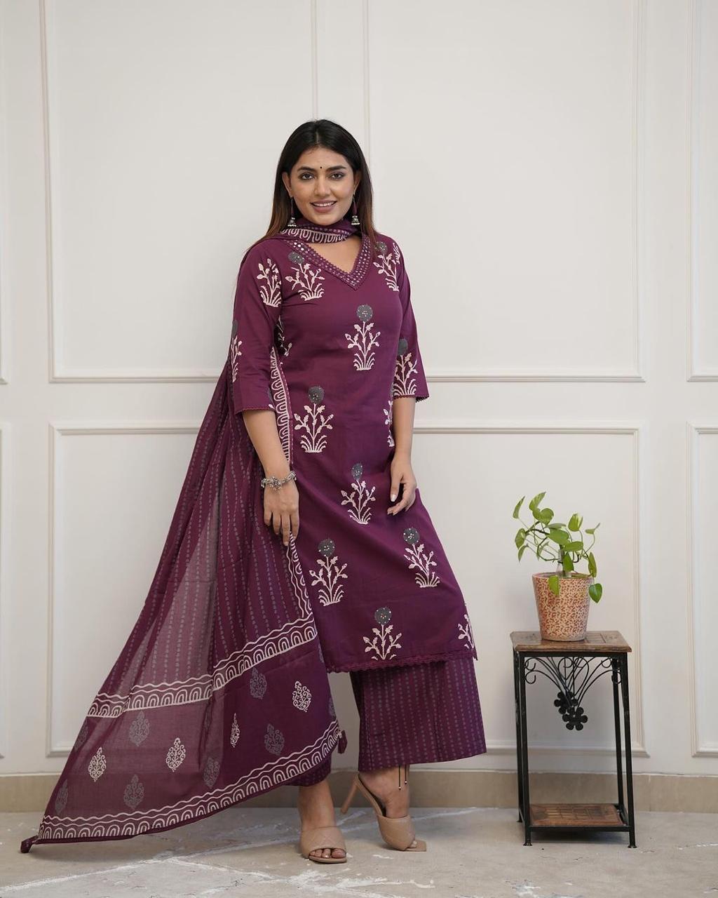 Maroon Embroidery Cotton Floral Print Kurta, Pant and Dupatta Set