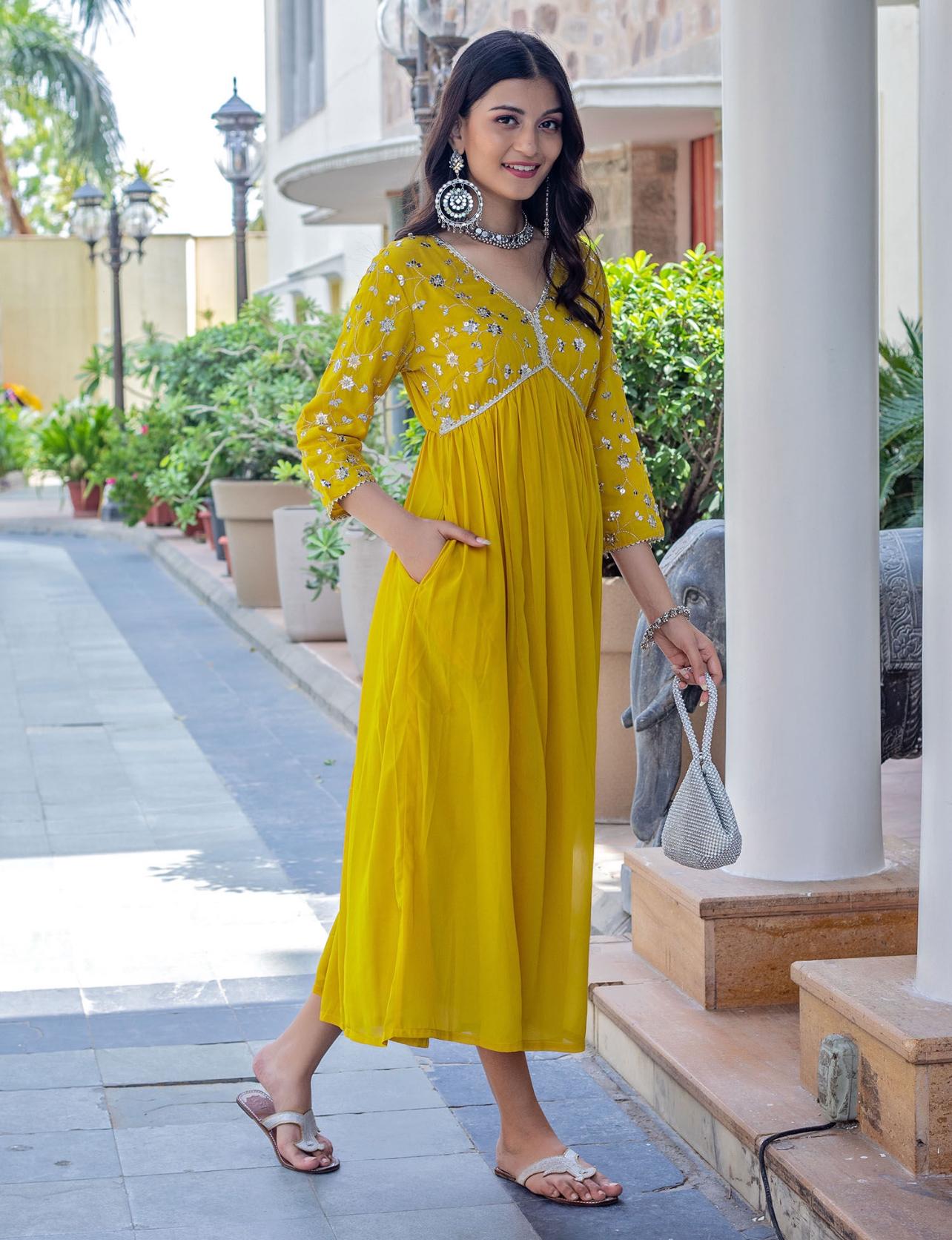 Hot Yellow Viscose Rayon Dress with Sequence Embroidery and Lace Detailing on Yoke and Sleeves