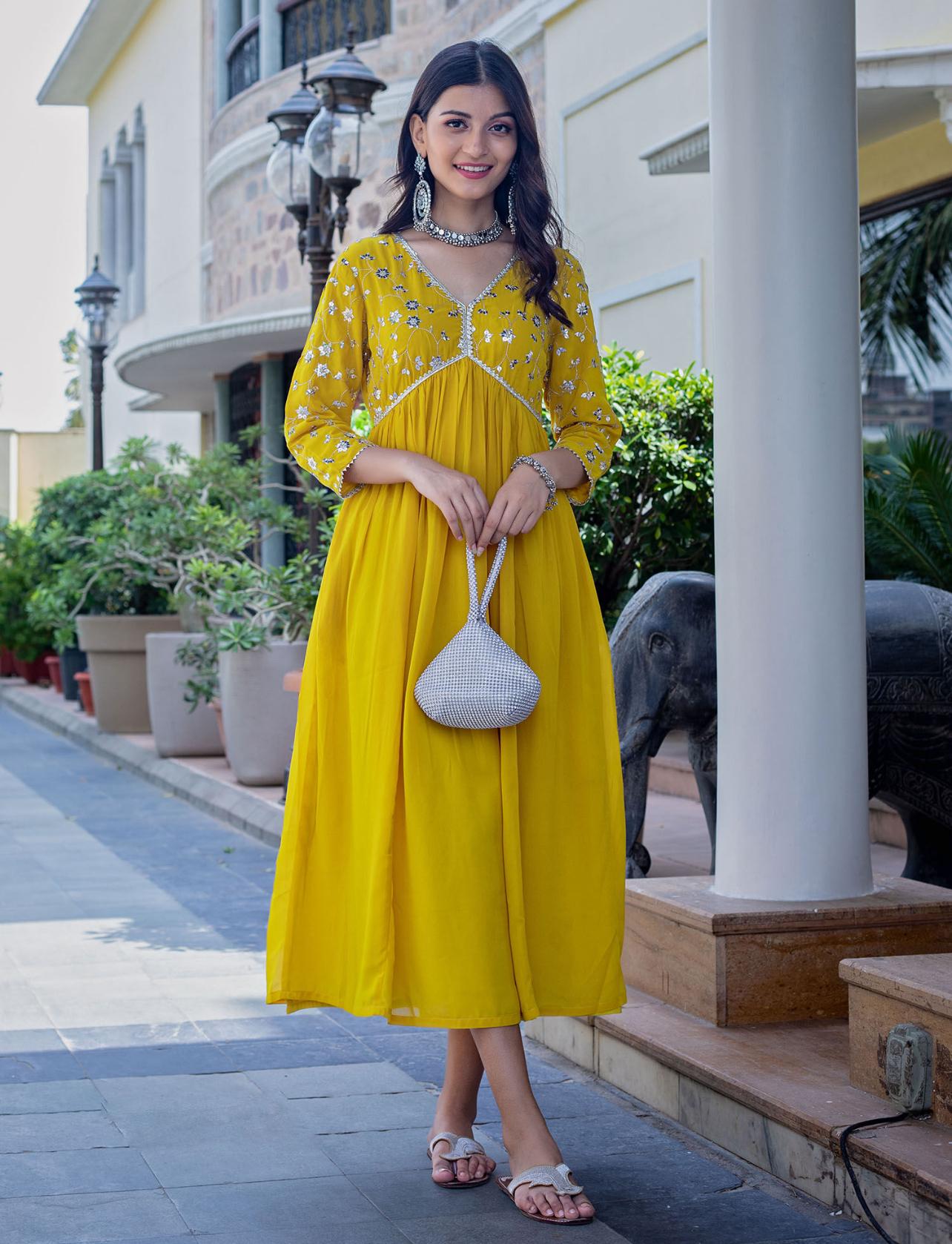 Hot Yellow Viscose Rayon Dress with Sequence Embroidery and Lace Detailing on Yoke and Sleeves