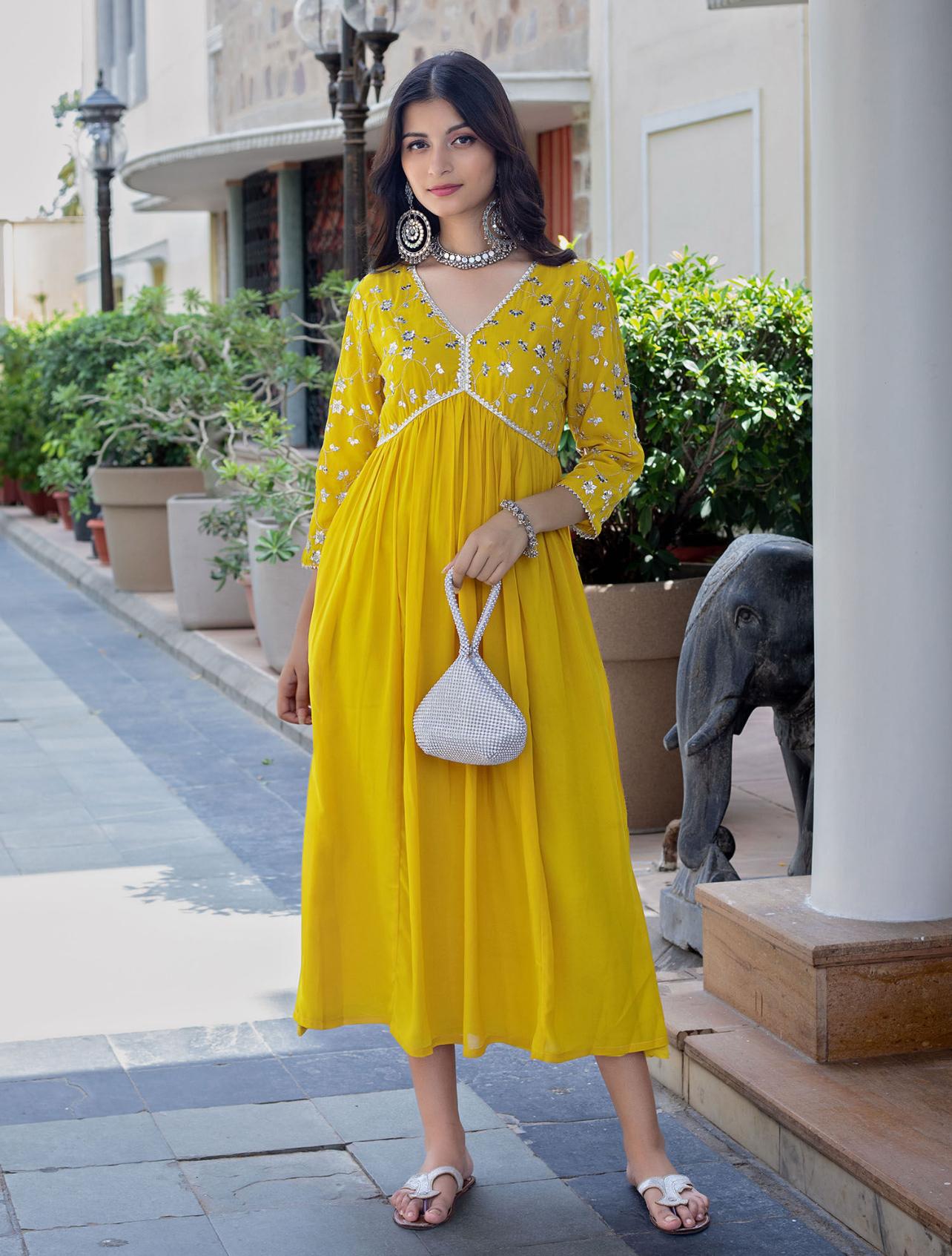 Hot Yellow Viscose Rayon Dress with Sequence Embroidery and Lace Detailing on Yoke and Sleeves