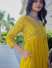 Hot Yellow Viscose Rayon Dress with Sequence Embroidery and Lace Detailing on Yoke and Sleeves