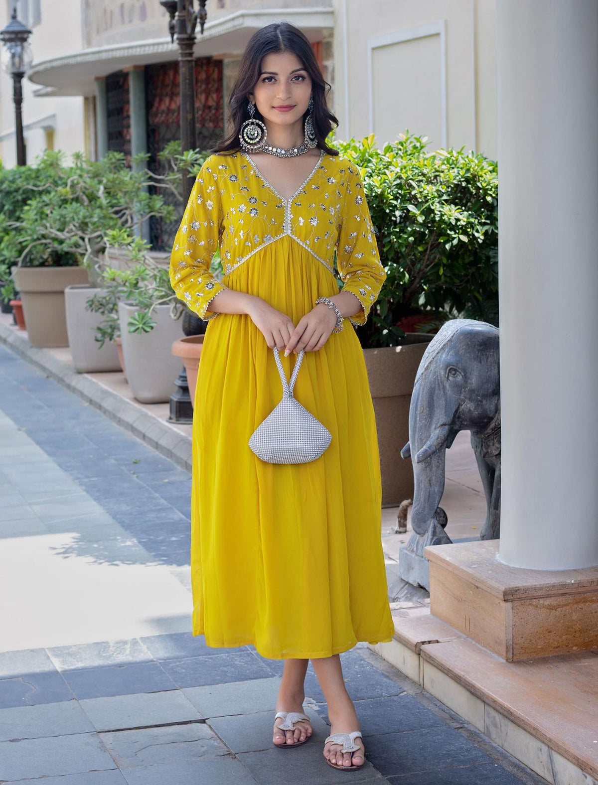 Hot Yellow Viscose Rayon Dress with Sequence Embroidery and Lace Detailing on Yoke and Sleeves