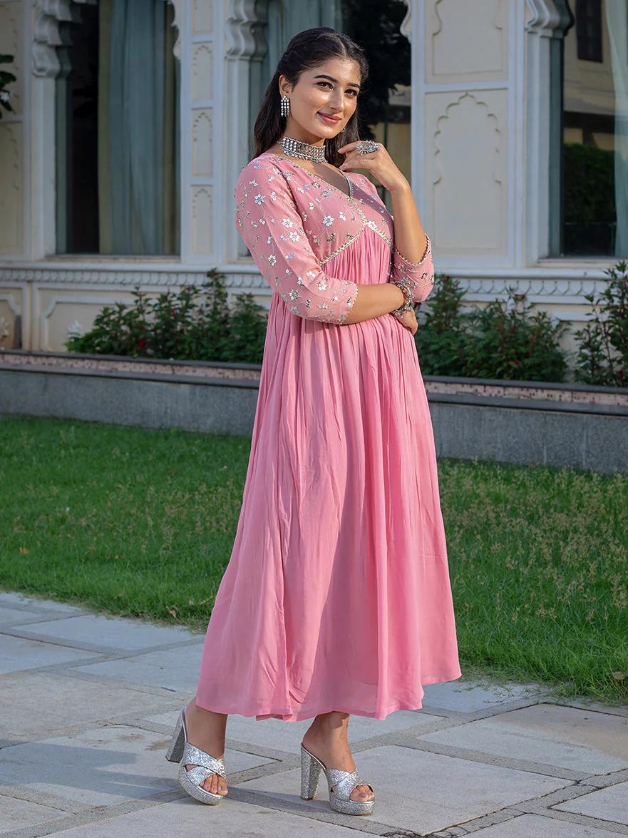 Light Pink Viscose Rayon Dress with Sequence Embroidery and Lace Detailing on Yoke and Sleeves