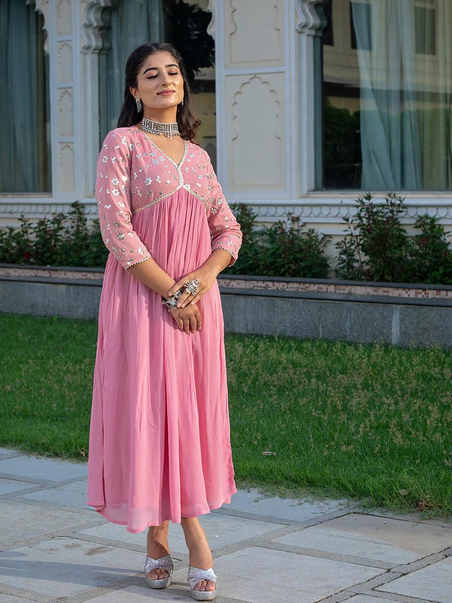 Light Pink Viscose Rayon Dress with Sequence Embroidery and Lace Detailing on Yoke and Sleeves