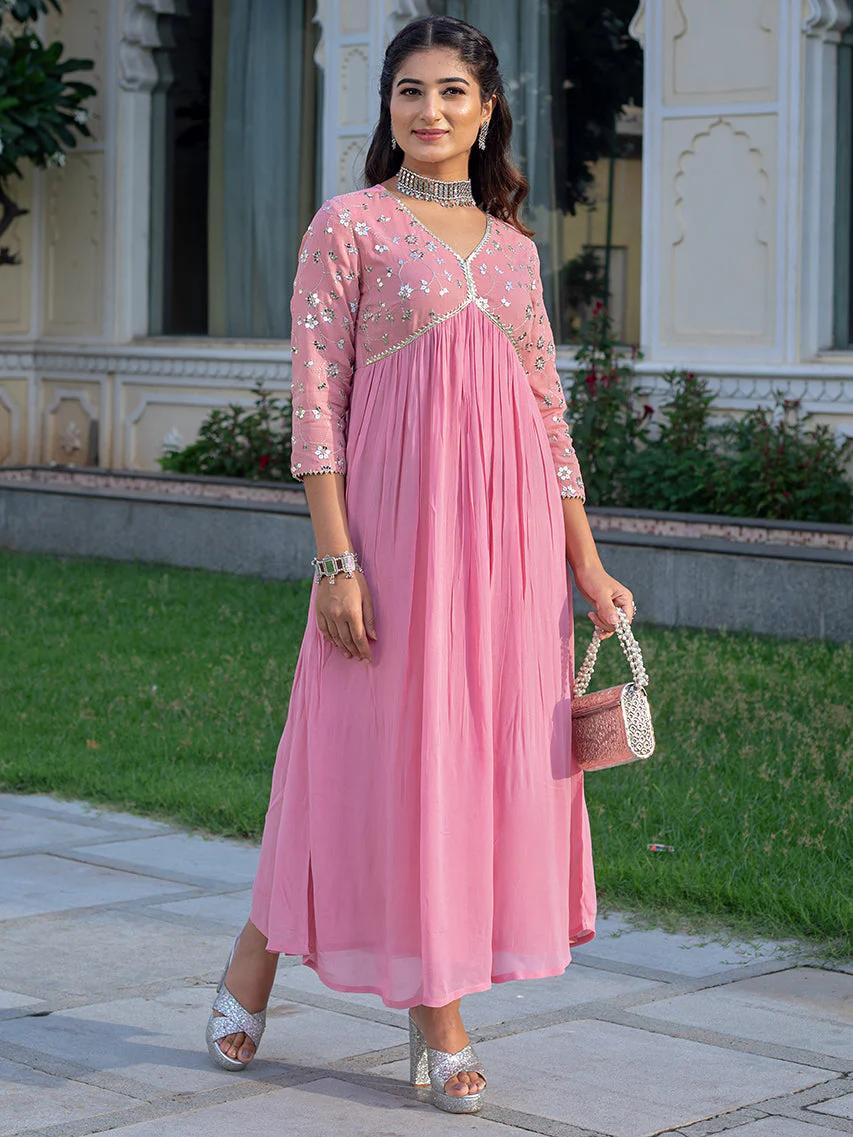 Light Pink Viscose Rayon Dress with Sequence Embroidery and Lace Detailing on Yoke and Sleeves