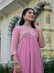 Light Pink Viscose Rayon Dress with Sequence Embroidery and Lace Detailing on Yoke and Sleeves