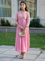 Light Pink Viscose Rayon Dress with Sequence Embroidery and Lace Detailing on Yoke and Sleeves