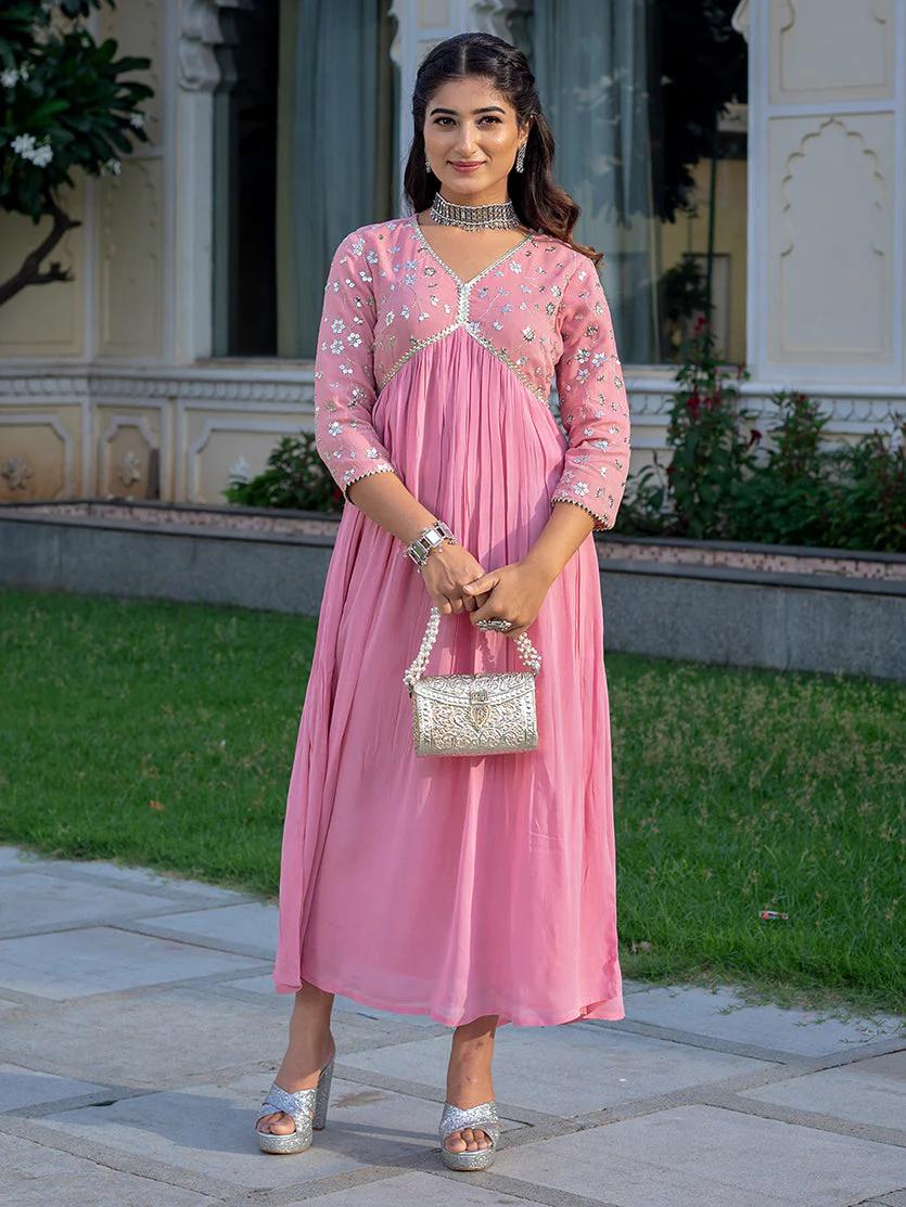 Light Pink Viscose Rayon Dress with Sequence Embroidery and Lace Detailing on Yoke and Sleeves