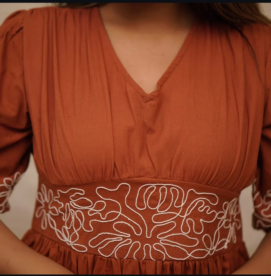 Rust Embroidered Cotton Dress
