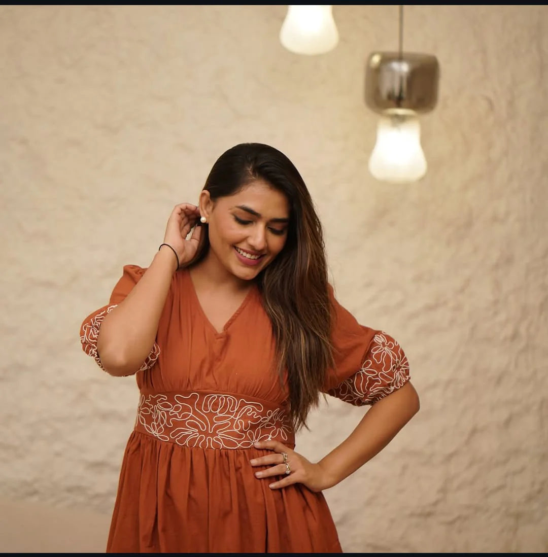 Rust Embroidered Cotton Dress