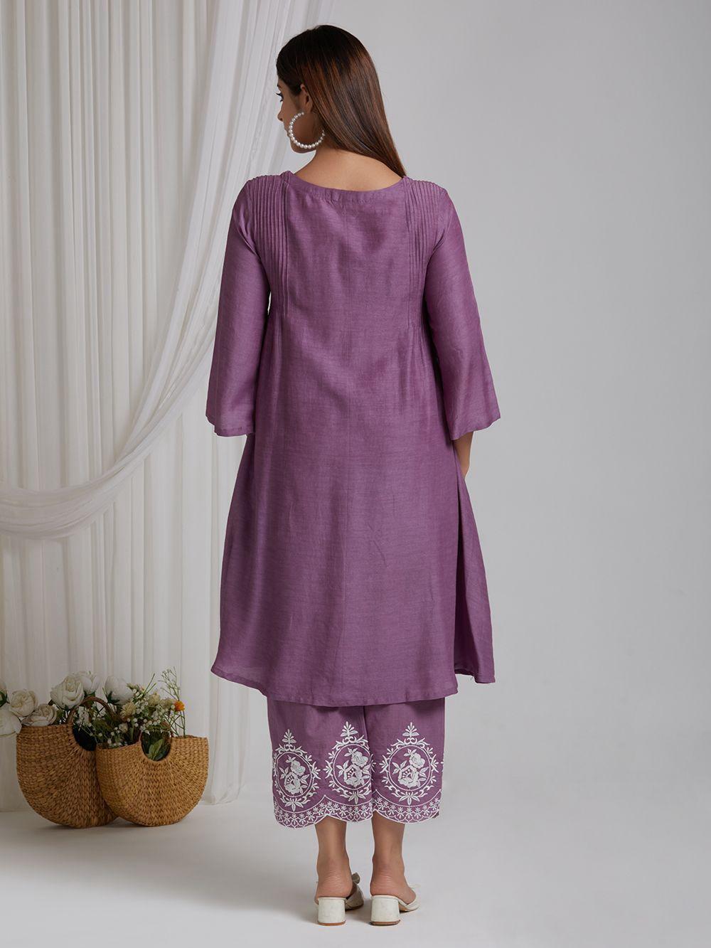 Lavender Cotton Embroidered Kurta Pants & Malmal Dupatta Set