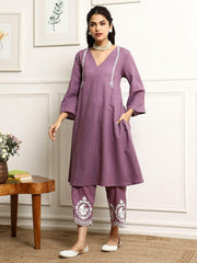 Lavender Cotton Embroidered Kurta Pants & Malmal Dupatta Set