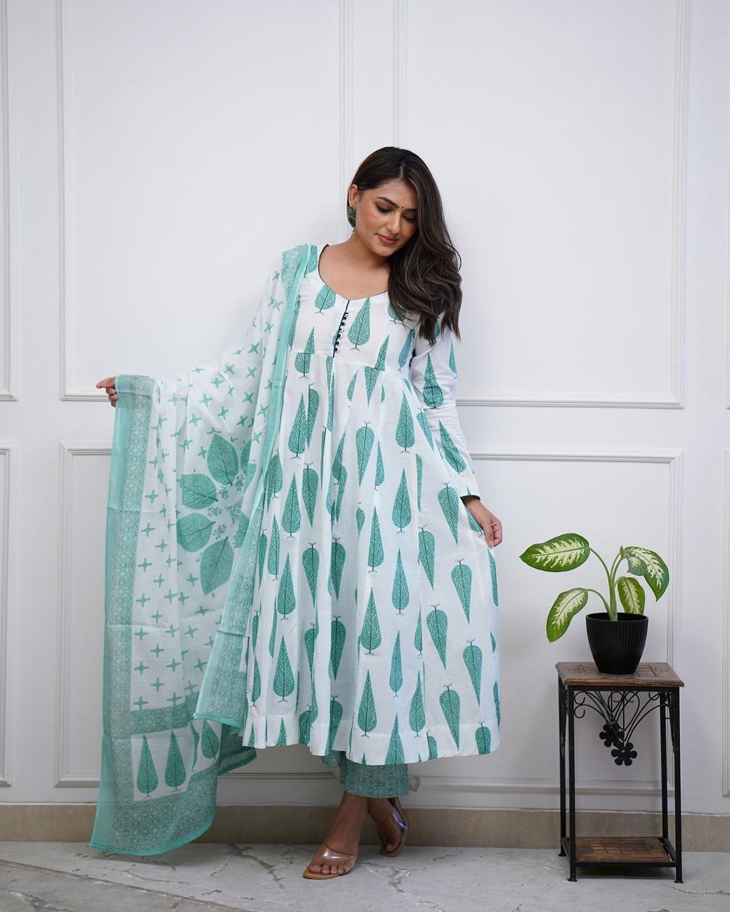 Sea Green Cotton Suit Set with Dupatta Set