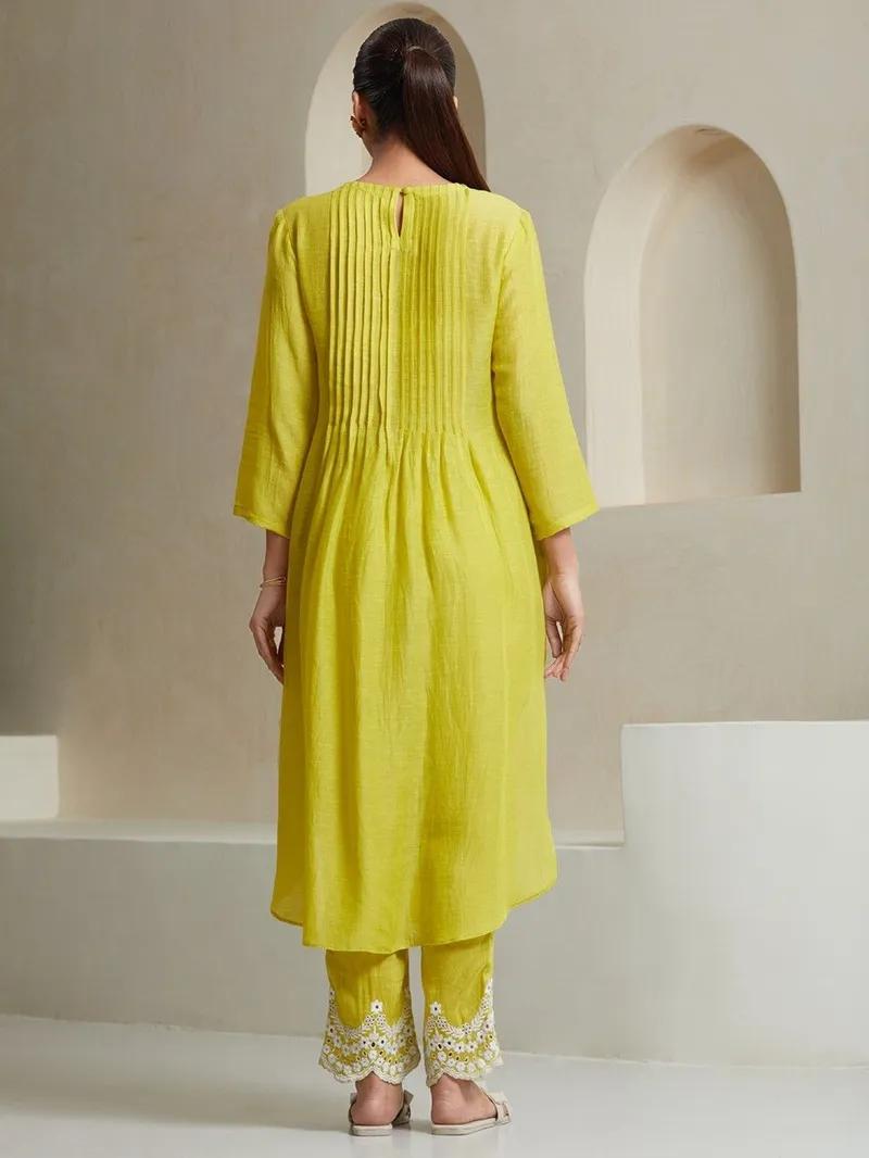 Lemon Pintex Work Kurta With Heavy Embroidered Pants & Malmal Dupatta Set