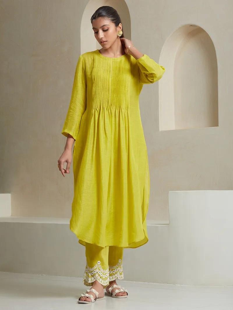 Lemon Pintex Work Kurta With Heavy Embroidered Pants & Malmal Dupatta Set