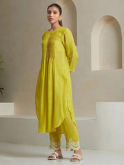 Lemon Pintex Work Kurta With Heavy Embroidered Pants & Malmal Dupatta Set