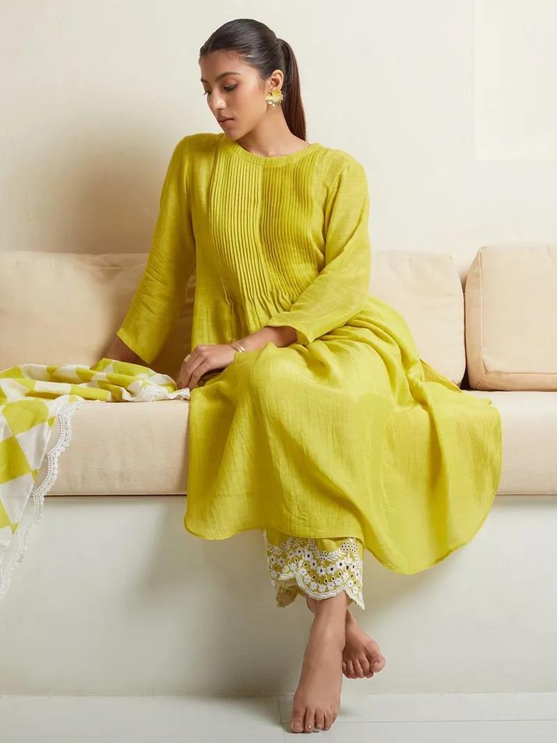 Lemon Pintex Work Kurta With Heavy Embroidered Pants & Malmal Dupatta Set