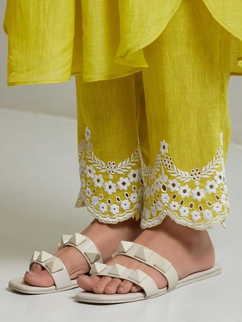 Lemon Pintex Work Kurta With Heavy Embroidered Pants & Malmal Dupatta Set